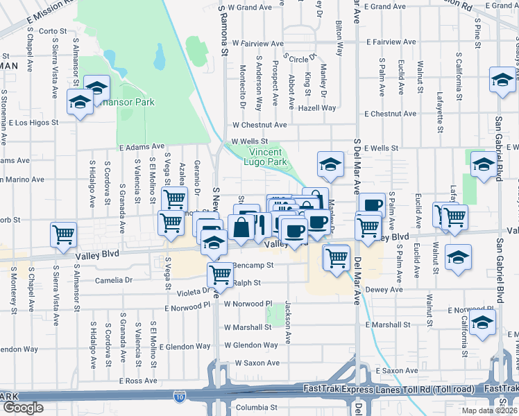 map of restaurants, bars, coffee shops, grocery stores, and more near 1519 Prospect Avenue in San Gabriel