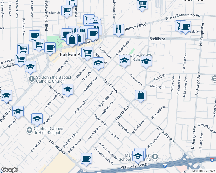 map of restaurants, bars, coffee shops, grocery stores, and more near 14710 Pacific Avenue in Baldwin Park