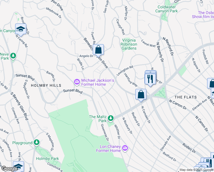 map of restaurants, bars, coffee shops, grocery stores, and more near 1002 North Roxbury Drive in Beverly Hills