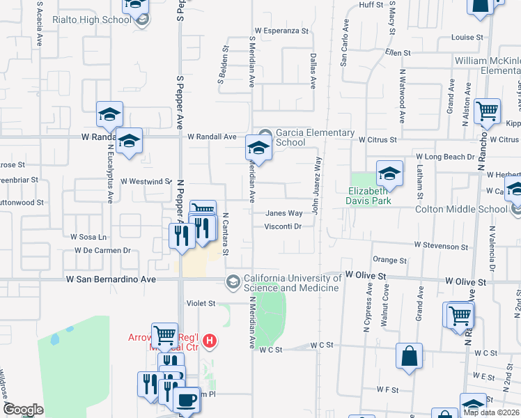 map of restaurants, bars, coffee shops, grocery stores, and more near 1383 Janes Way in Colton