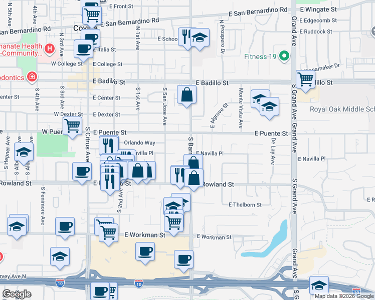map of restaurants, bars, coffee shops, grocery stores, and more near 453 South Barranca Avenue in Covina