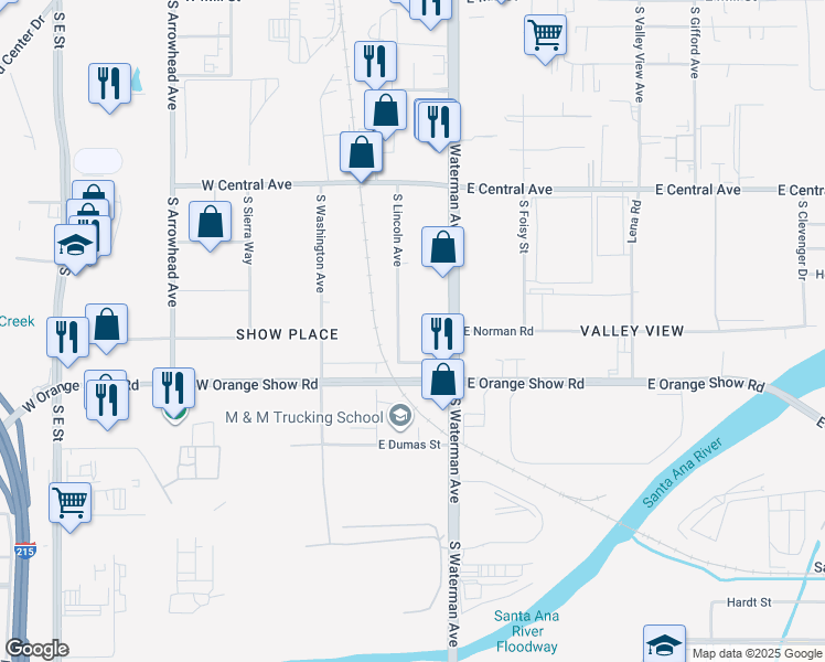 map of restaurants, bars, coffee shops, grocery stores, and more near 1069 South Lincoln Avenue in San Bernardino