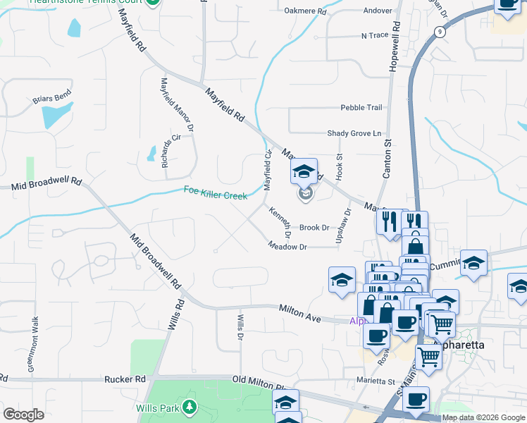 map of restaurants, bars, coffee shops, grocery stores, and more near 214 Kenneth Drive in Alpharetta