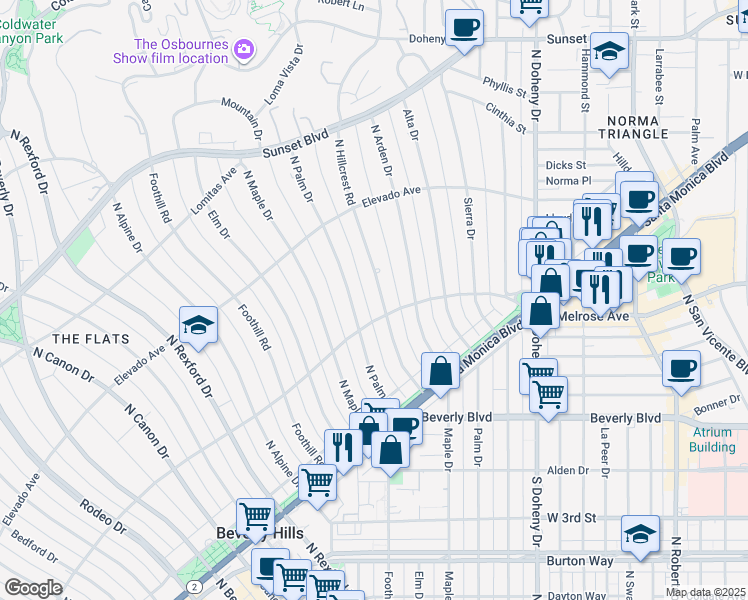 map of restaurants, bars, coffee shops, grocery stores, and more near 605 North Hillcrest Road in Beverly Hills