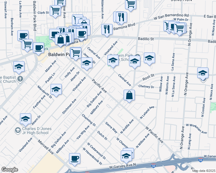 map of restaurants, bars, coffee shops, grocery stores, and more near 14801 Pacific Avenue in Baldwin Park