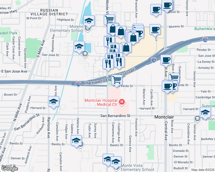 map of restaurants, bars, coffee shops, grocery stores, and more near Monte Vista Ave & Palo Verde St in Montclair