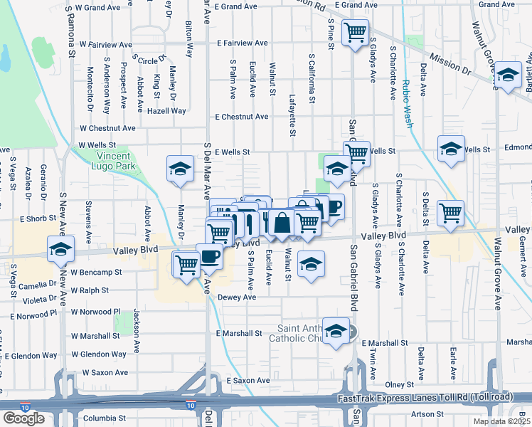 map of restaurants, bars, coffee shops, grocery stores, and more near 1517 Euclid Avenue in San Gabriel