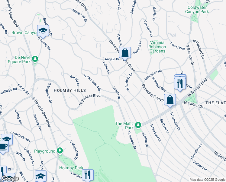 map of restaurants, bars, coffee shops, grocery stores, and more near 120 Monovale Drive in Beverly Hills