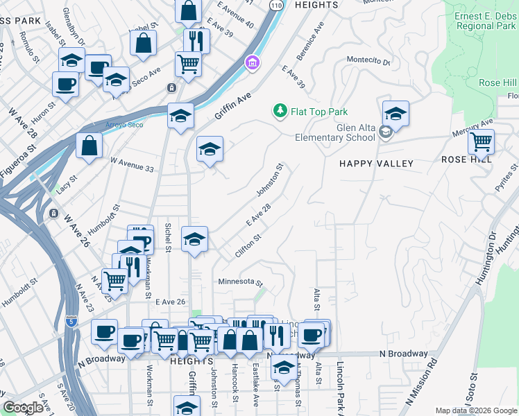 map of restaurants, bars, coffee shops, grocery stores, and more near 507 East Avenue 28 in Los Angeles