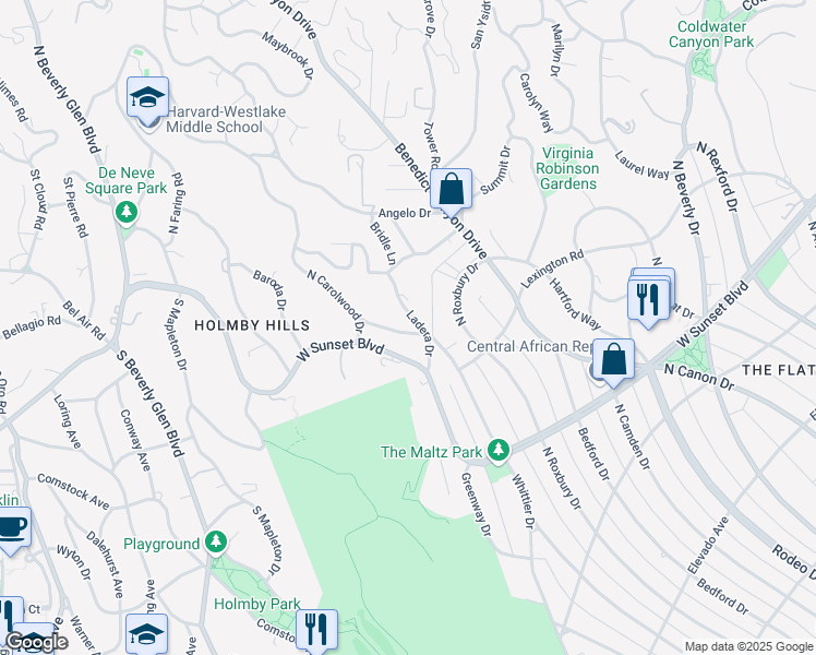 map of restaurants, bars, coffee shops, grocery stores, and more near 120 Monovale Drive in Beverly Hills
