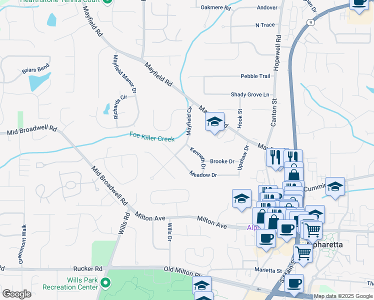map of restaurants, bars, coffee shops, grocery stores, and more near 214 Kenneth Drive in Alpharetta