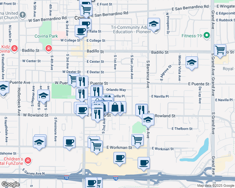 map of restaurants, bars, coffee shops, grocery stores, and more near 305 East Navilla Place in Covina