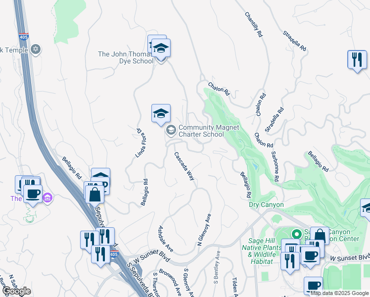 map of restaurants, bars, coffee shops, grocery stores, and more near 11222 Bellagio Road in Los Angeles