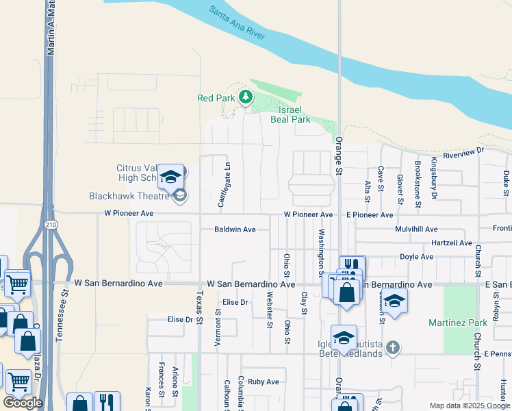 map of restaurants, bars, coffee shops, grocery stores, and more near 1815 Furlow Drive in Redlands