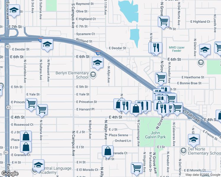 map of restaurants, bars, coffee shops, grocery stores, and more near 922 East 5th Street in Ontario