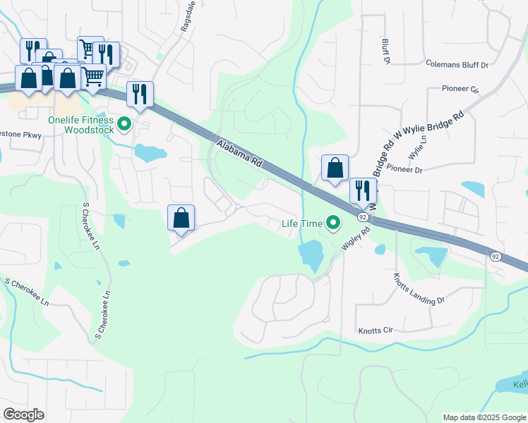 map of restaurants, bars, coffee shops, grocery stores, and more near 519 Hillside Trail in Woodstock