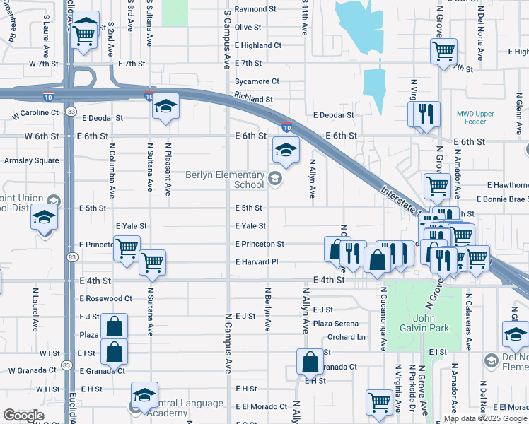 map of restaurants, bars, coffee shops, grocery stores, and more near 764 East 5th Street in Ontario