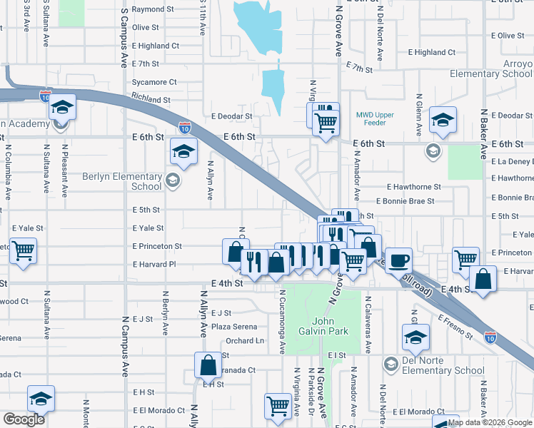 map of restaurants, bars, coffee shops, grocery stores, and more near 1048 East 5th Street in Ontario