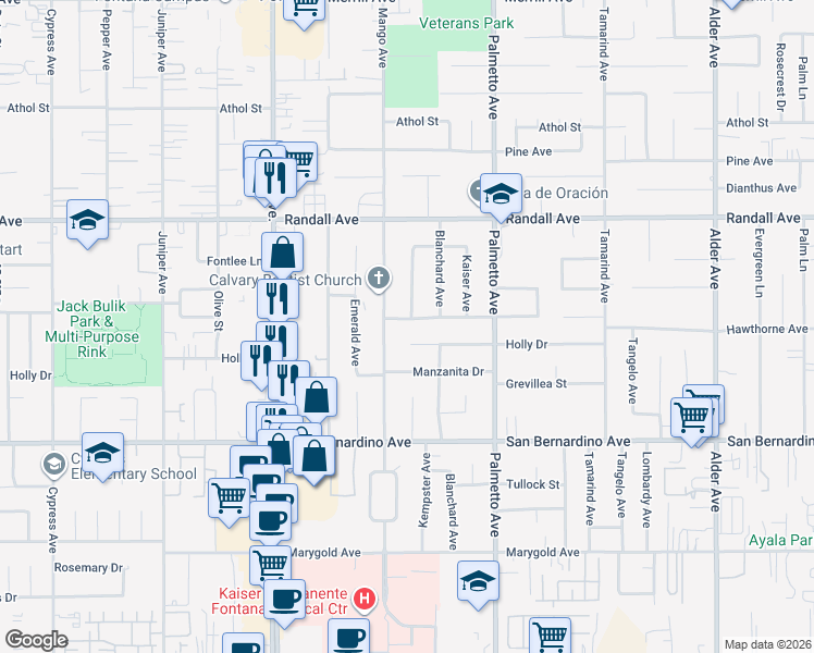 map of restaurants, bars, coffee shops, grocery stores, and more near 17141 Hawthorne Avenue in Fontana