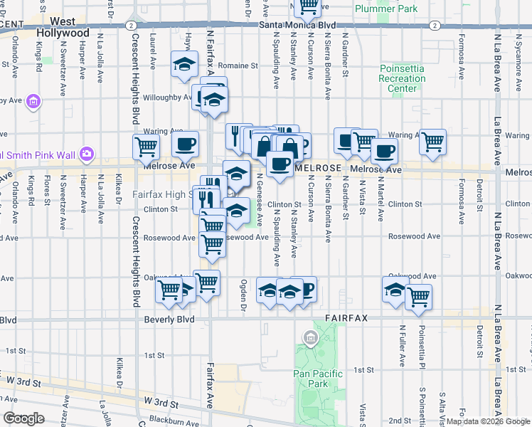 map of restaurants, bars, coffee shops, grocery stores, and more near 545 North Spaulding Avenue in Los Angeles