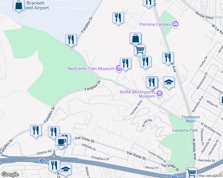 map of restaurants, bars, coffee shops, grocery stores, and more near 1926 Paseo La Paz in Pomona
