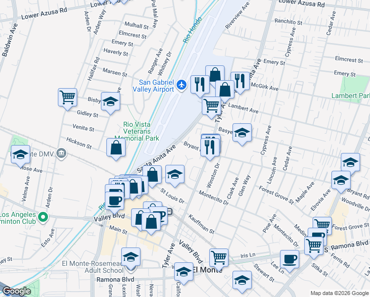 map of restaurants, bars, coffee shops, grocery stores, and more near 10926 Bryant Road in El Monte