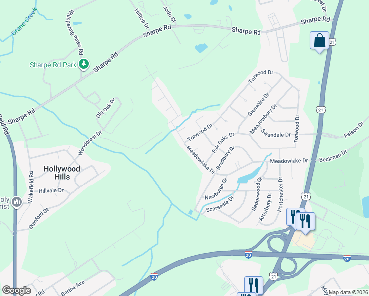 map of restaurants, bars, coffee shops, grocery stores, and more near 443 Meadowlake Drive in Columbia