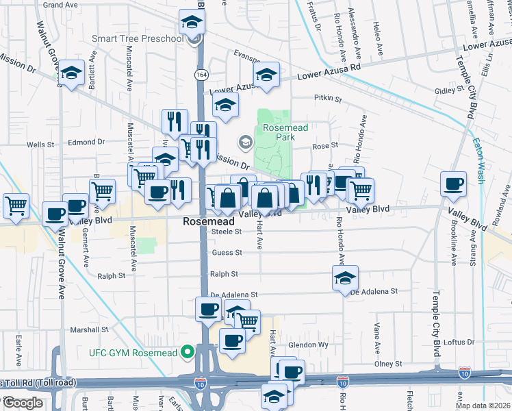 map of restaurants, bars, coffee shops, grocery stores, and more near 9147 Valley Boulevard in Rosemead