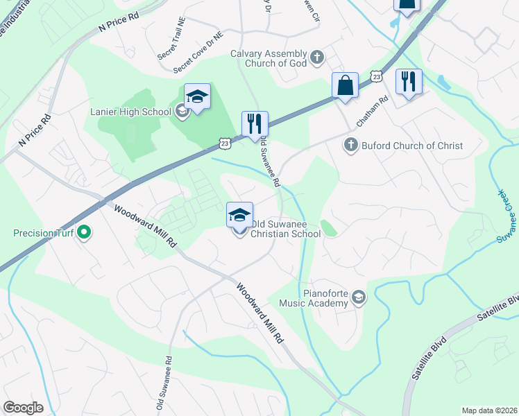 map of restaurants, bars, coffee shops, grocery stores, and more near 933 Suwanee Brook Lane in Buford