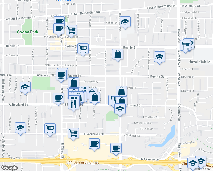 map of restaurants, bars, coffee shops, grocery stores, and more near 438 1/2 South San Jose Avenue in Covina
