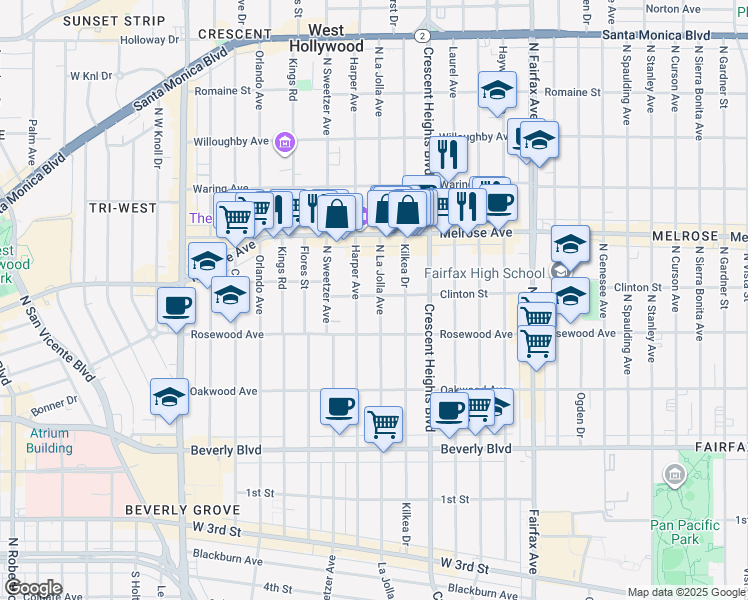 map of restaurants, bars, coffee shops, grocery stores, and more near 543 North La Jolla Avenue in Los Angeles