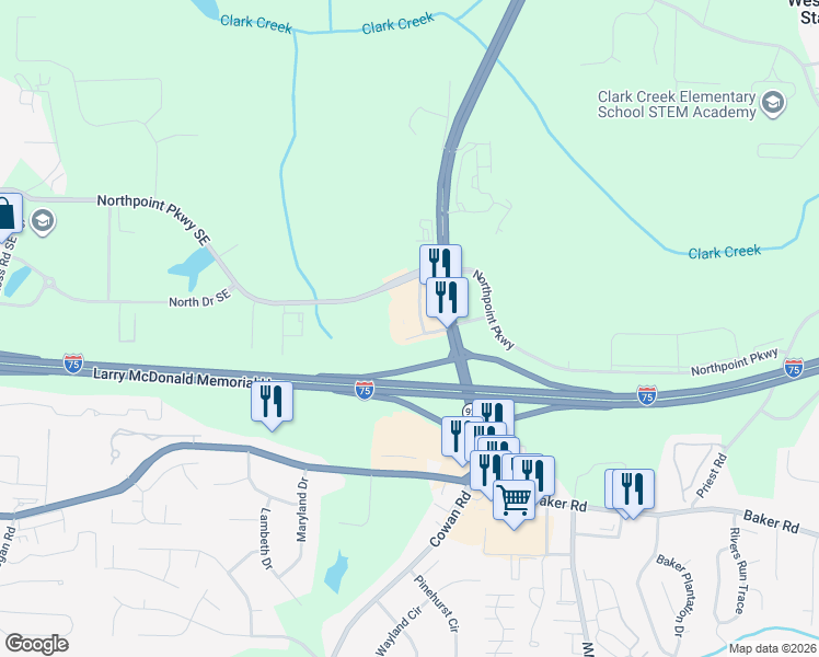 map of restaurants, bars, coffee shops, grocery stores, and more near 1129 Georgia 92 in Acworth