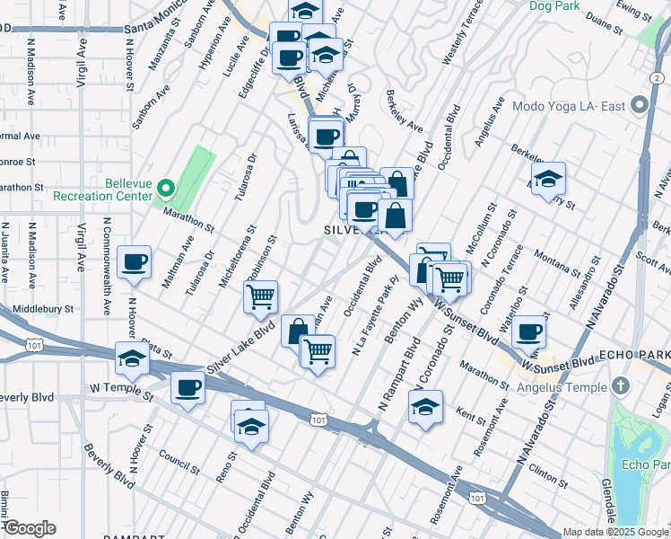map of restaurants, bars, coffee shops, grocery stores, and more near in Los Angeles