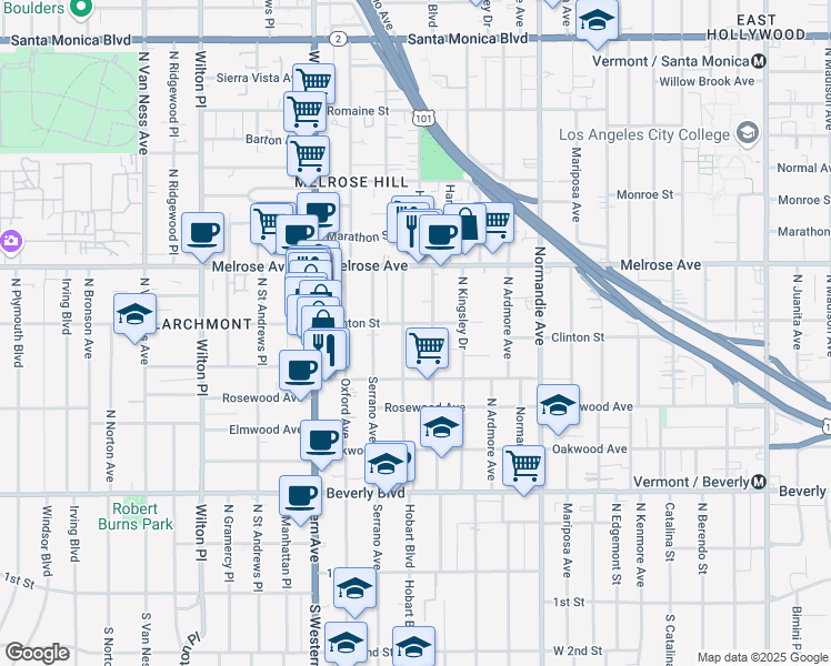 map of restaurants, bars, coffee shops, grocery stores, and more near 4710 Clinton Street in Los Angeles