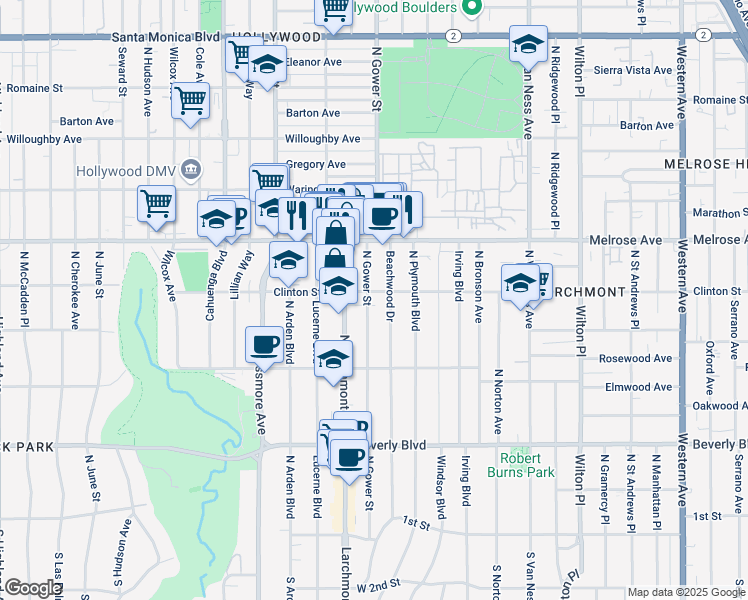 map of restaurants, bars, coffee shops, grocery stores, and more near 589 North Gower Street in Los Angeles