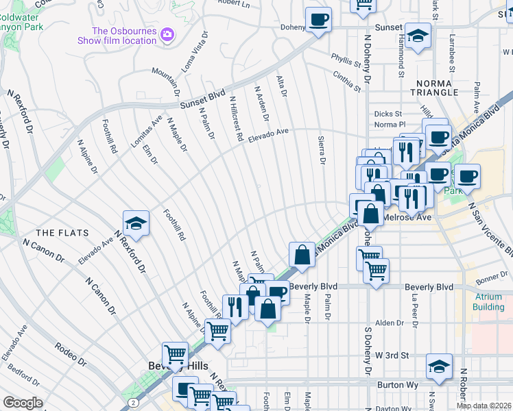 map of restaurants, bars, coffee shops, grocery stores, and more near 605 North Hillcrest Road in Beverly Hills