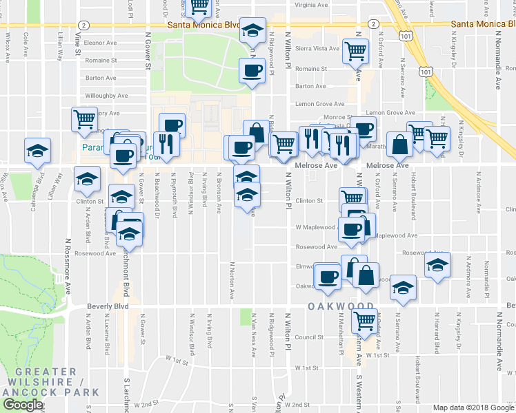 map of restaurants, bars, coffee shops, grocery stores, and more near 536 North Van Ness Avenue in Los Angeles