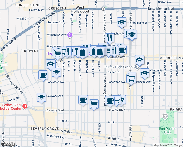 map of restaurants, bars, coffee shops, grocery stores, and more near 545 North La Jolla Avenue in Los Angeles
