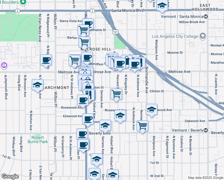 map of restaurants, bars, coffee shops, grocery stores, and more near 552 North Hobart Boulevard in Los Angeles