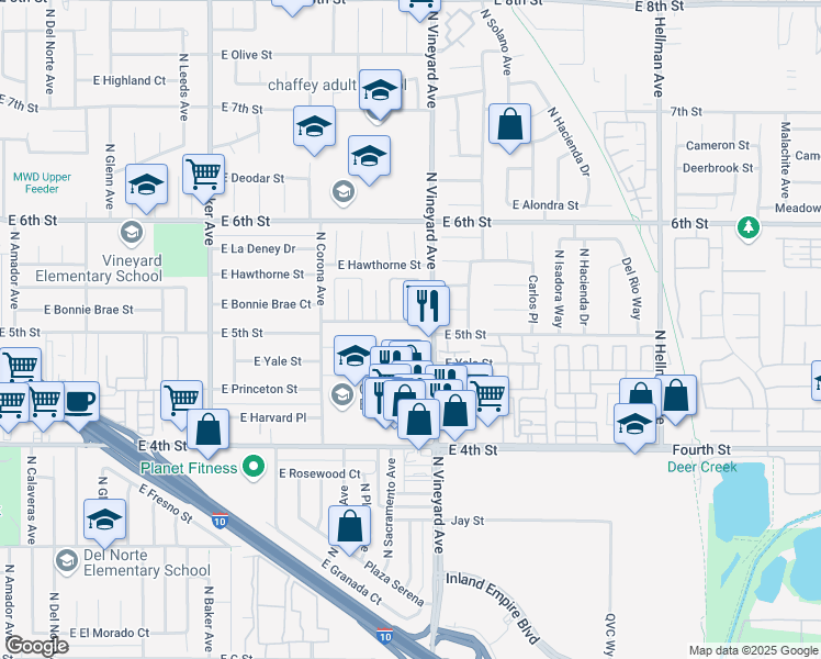 map of restaurants, bars, coffee shops, grocery stores, and more near 1862 East 5th Street in Ontario