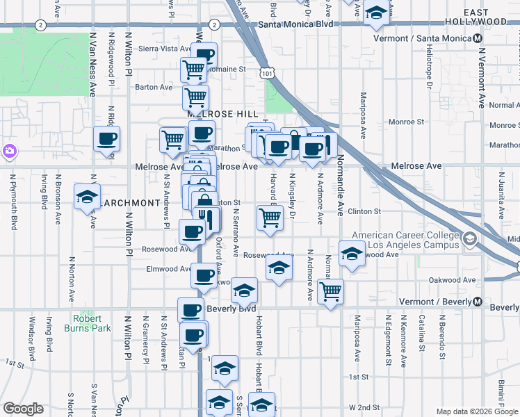 map of restaurants, bars, coffee shops, grocery stores, and more near 552 North Hobart Boulevard in Los Angeles