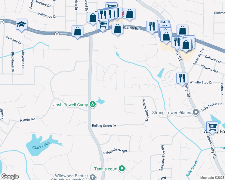 map of restaurants, bars, coffee shops, grocery stores, and more near 460 Marston Pass in Acworth