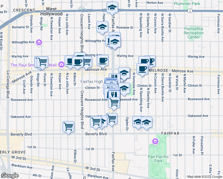 map of restaurants, bars, coffee shops, grocery stores, and more near 543 North Fairfax Avenue in Los Angeles