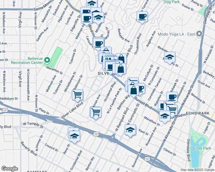 map of restaurants, bars, coffee shops, grocery stores, and more near 846 Silver Lake Boulevard in Los Angeles
