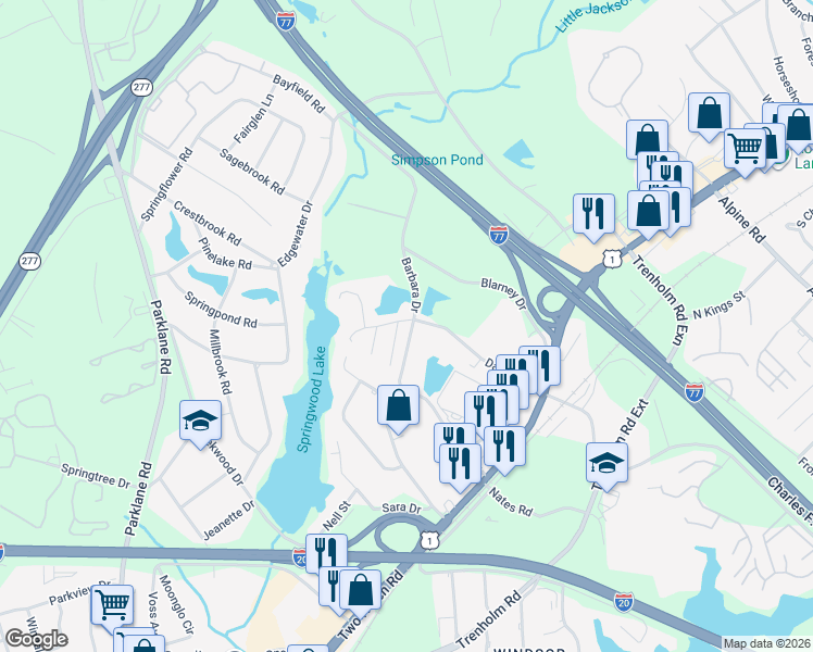 map of restaurants, bars, coffee shops, grocery stores, and more near 1705 Springwoods Lake Drive in Columbia
