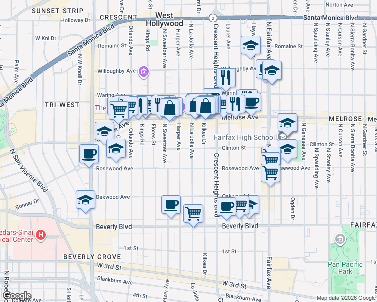 map of restaurants, bars, coffee shops, grocery stores, and more near 543 North La Jolla Avenue in Los Angeles