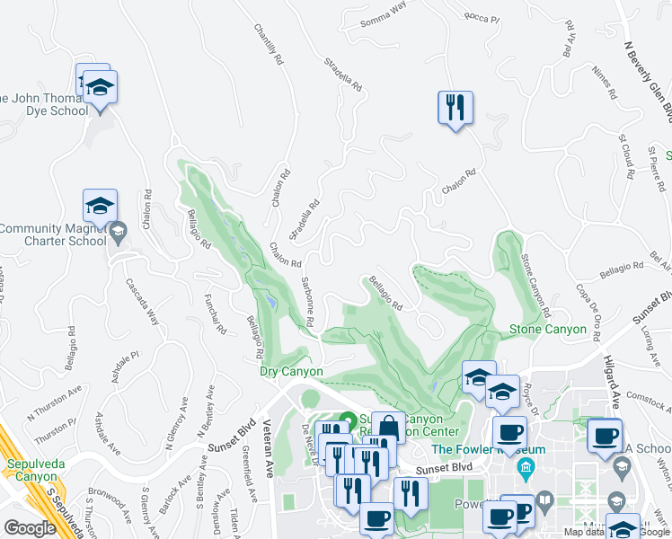 map of restaurants, bars, coffee shops, grocery stores, and more near 10778 Chalon Road in Los Angeles