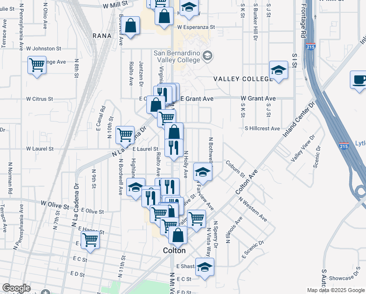 map of restaurants, bars, coffee shops, grocery stores, and more near 1338 North Mount Vernon Avenue in Colton