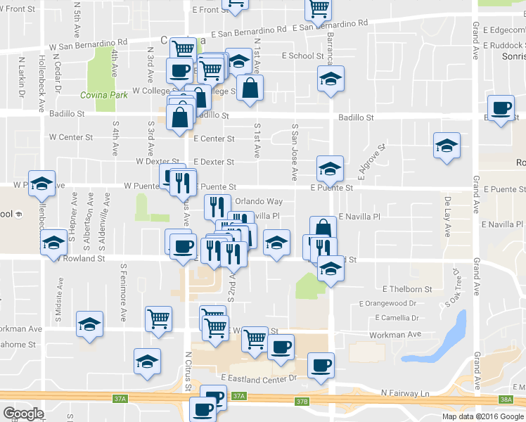 map of restaurants, bars, coffee shops, grocery stores, and more near 327 East Navilla Place in Covina