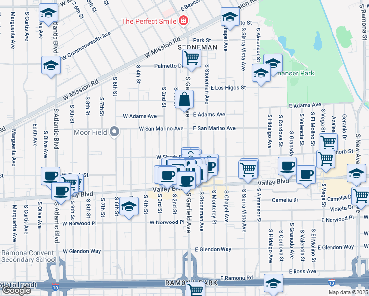 map of restaurants, bars, coffee shops, grocery stores, and more near 1139 South Garfield Avenue in Alhambra